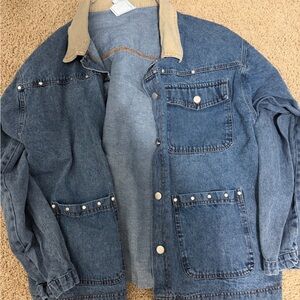 Blue Denim Jacket with Beige Collar